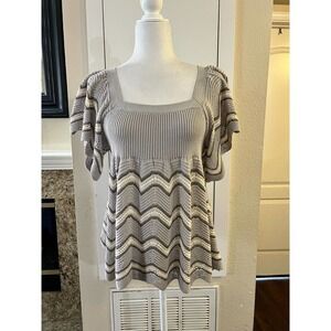 FREE PEOPLE Zig Zag Gray Short Sleeve Crochet Knit Top Size Small Cottagecore